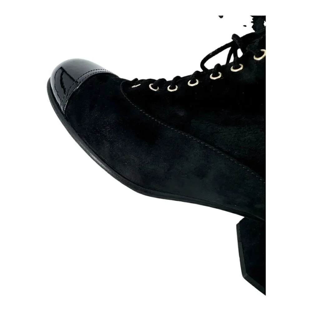 Chanel Suede Pearl CC Logo Patent Cap Toe Short Boots - Picture 10 of 16